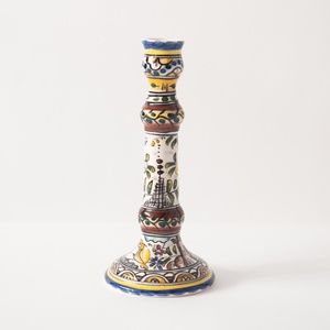 French Majolica Style Hand Painted Ceramic Taper Candle Stick Holder